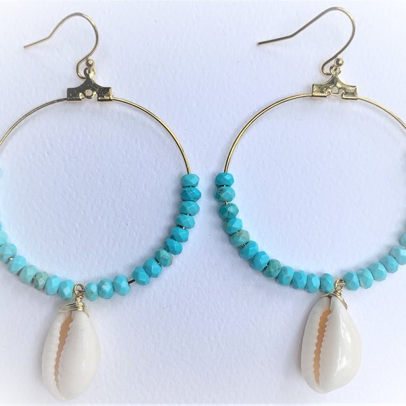 Gold, Turquoise and Shell Hoop Earrings - Picture 1 of 4